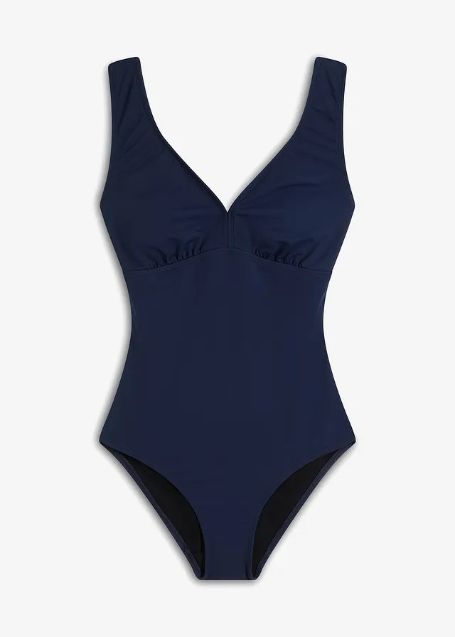 Maillot 1 pièce sculptant à col en V, maintien modéré • bleu foncé • Boutique bonprix