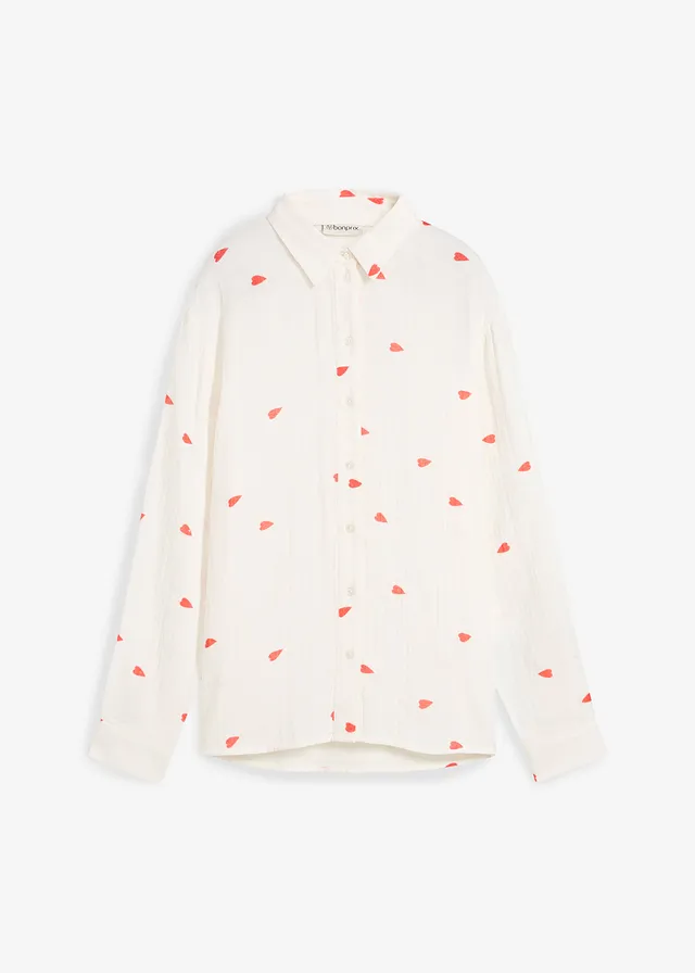 Mousselline blouse met hartjes, Kleur: wit-aardbeirood gedessineerd