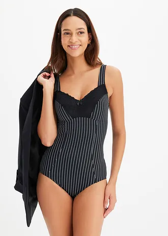 Stahovací body bez kostic a se střední stahovací funkcí • černo-přírodní bílá s proužky • bonprix obchod