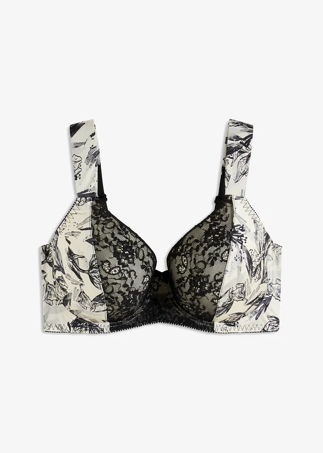 Soutien-gorge à coques et armatures, matière brillante, Couleur: beige naturel-noir floral