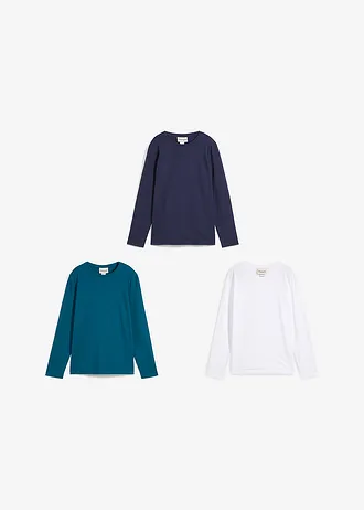 Longsleeve met biologisch katoen (set van 3) • blauwpetrol+donkerblauw+wit • bonprix online shop