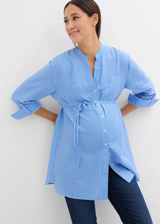 Lange zwangerschapsblouse/voedingsblouse • middenblauw-wit gestreept • product-page.page-title-suffix