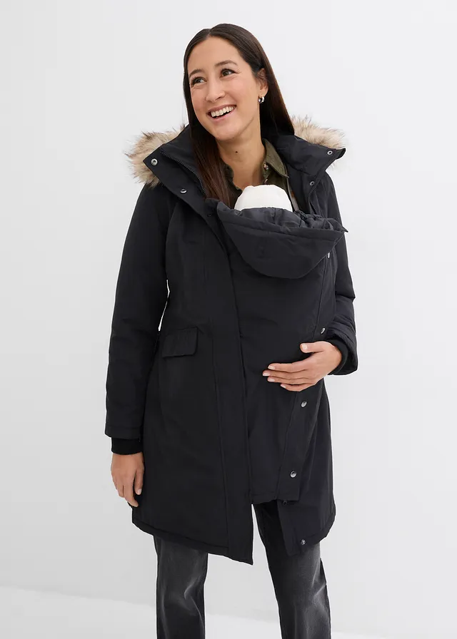 3-in-1 wind- en waterdichte zwangerschapsjas/draagjas, Kleur: zwart