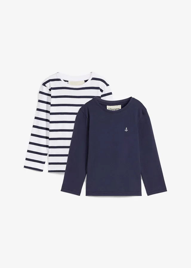 Lot de 2 T-shirts manches longues 100% coton, Couleur: bleu foncé + blanc-bleu foncé rayé