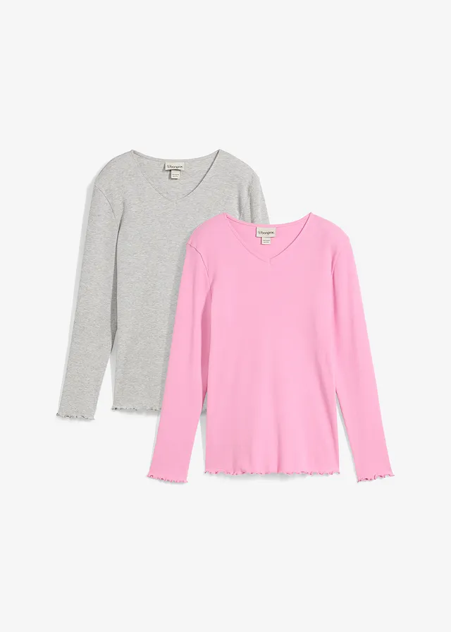 Geribd shirt met biologisch katoen (set van 2), Kleur: lichtgrijs gemêleerd+bloesempink