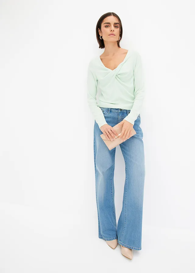 Žebrované triko s ozdobným uzlem světle rákosová