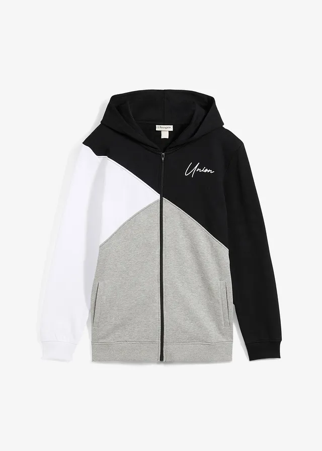 Sweatvest met capuchon in loose fit, Kleur: zwart wit lichtgrijs gemêleerd