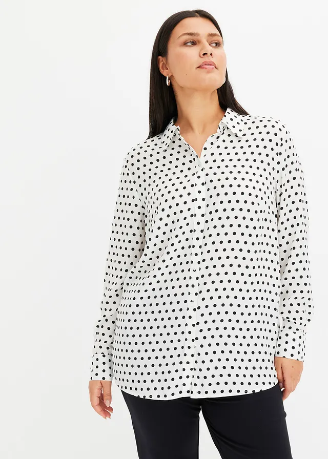 Overhemdblouse van fijne satijn, Kleur: gestipt wit-zwart