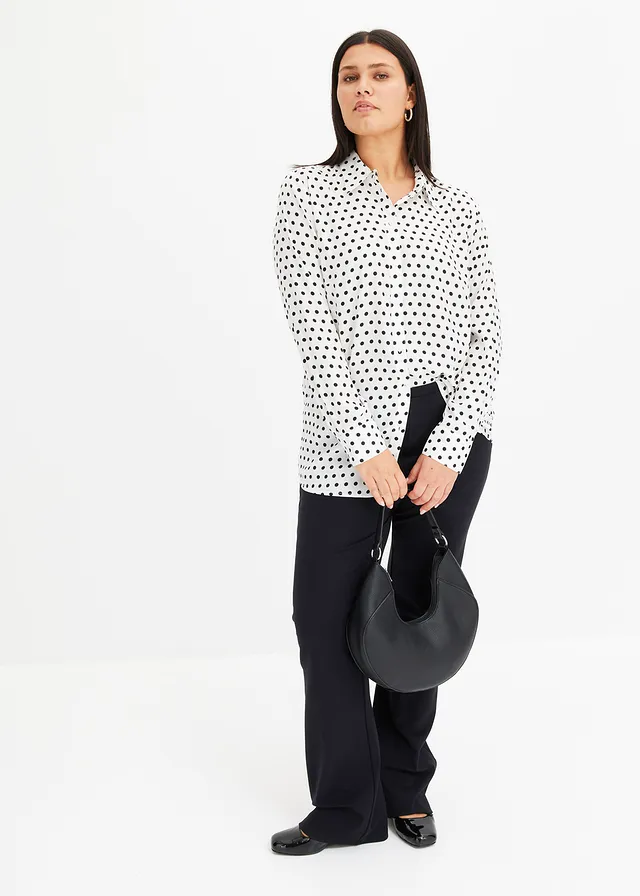 Overhemdblouse van fijne satijn, Kleur: gestipt wit-zwart