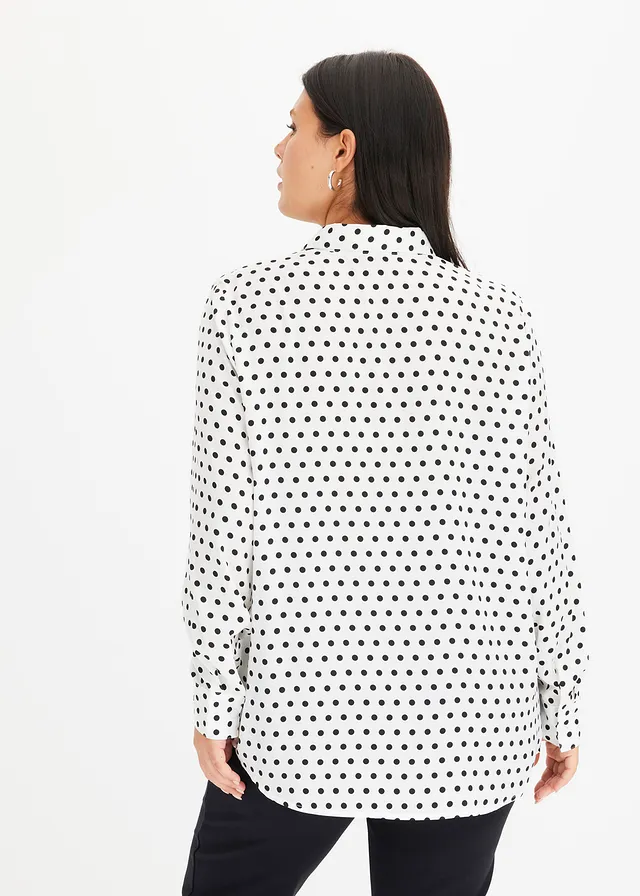 Overhemdblouse van fijne satijn, Kleur: gestipt wit-zwart