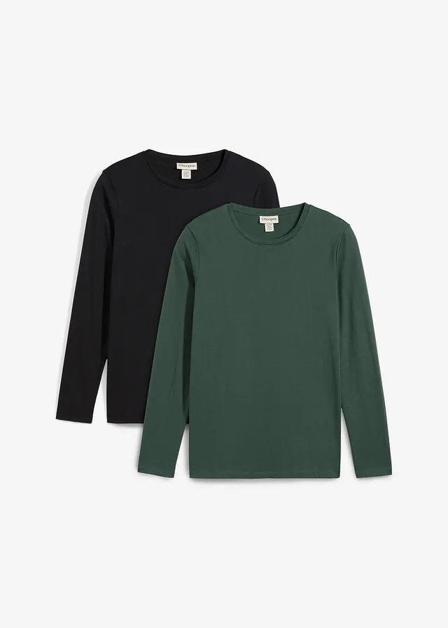 Bluză de gravide și de alăptare din bumbac organic (set/2 buc.) • verde-umbră+negru • magazin bonprix