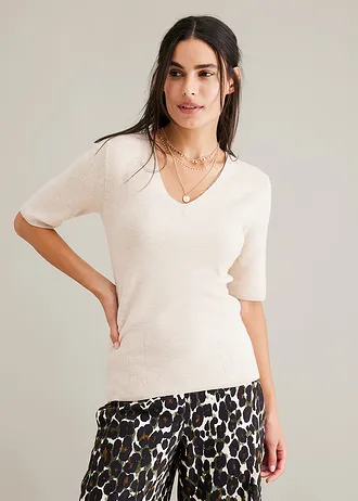 Sweter w prążki, z krótkim rękawem, z wiskozą • beżowy • sklep bonprix