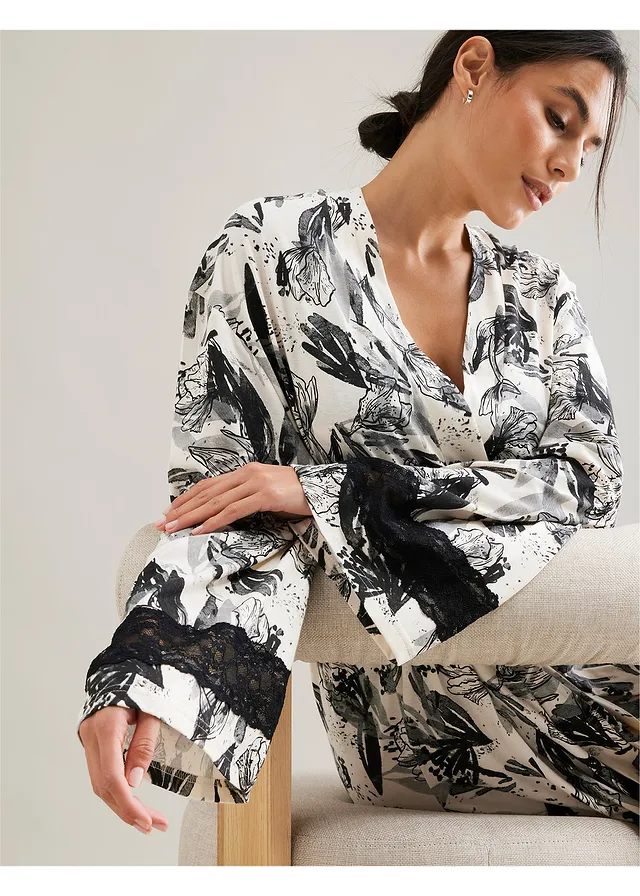 Kimono badjas met viscose • natuurbeige-zwart gebloemd • product-page.page-title-suffix