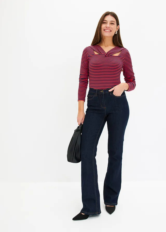 T-shirt manches longues avec détail sur le décolleté fraise-bleu foncé rayé horizontal