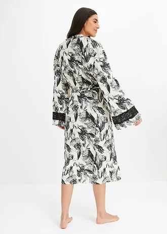 Kimono badjas met viscose, Kleur: natuurbeige-zwart gebloemd