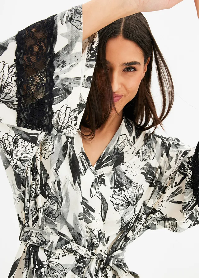 Peignoir kimono doux en viscose mélangée • beige naturel-noir floral • product-page.page-title-suffix