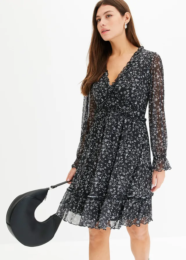 Robe courte en mesh, Couleur: noir/blanc à fleurs