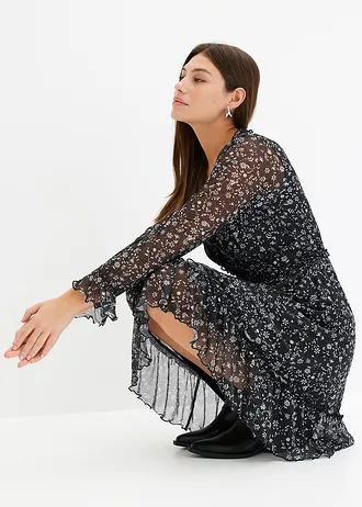 Rochie mini din material mesh fin • negru-alb înflorat • magazin bonprix