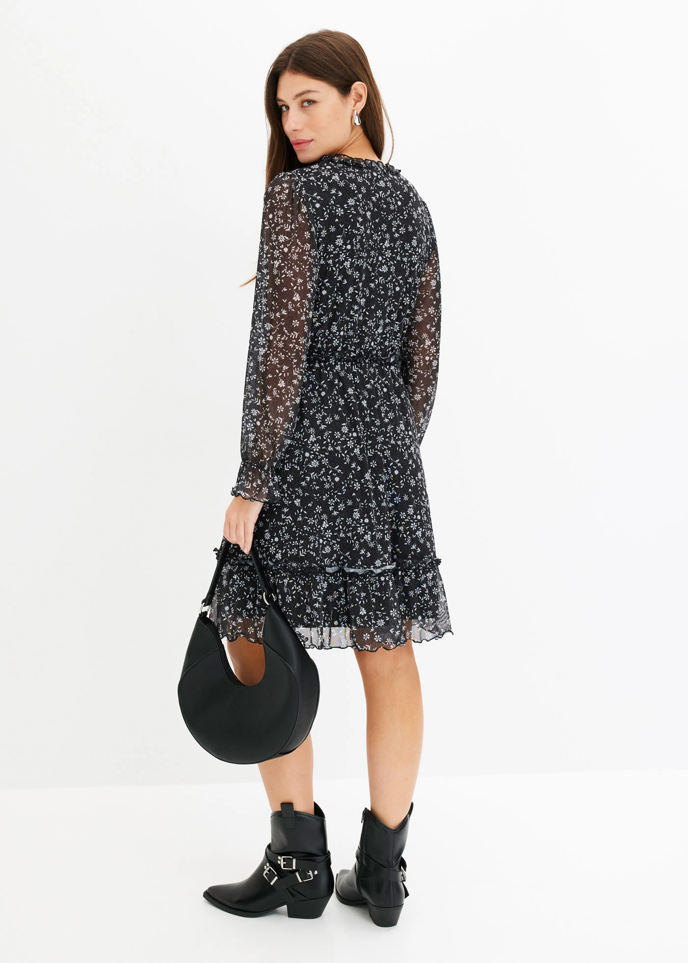 Robe courte en mesh • noir + blanc à fleurs • Boutique bonprix