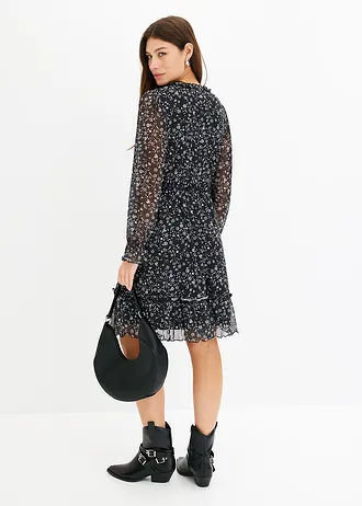 Rochie mini din material mesh fin • negru-alb înflorat • magazin bonprix