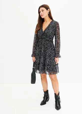 Rochie mini din material mesh fin • negru-alb înflorat • magazin bonprix