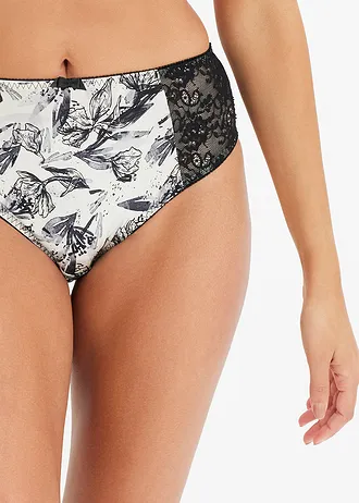 Figi maxi z połyskującego materiału • beżowo-czarny w kwiaty • sklep bonprix