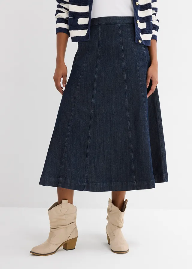 Jupe midi en jean, Couleur: bleu foncé denim brut