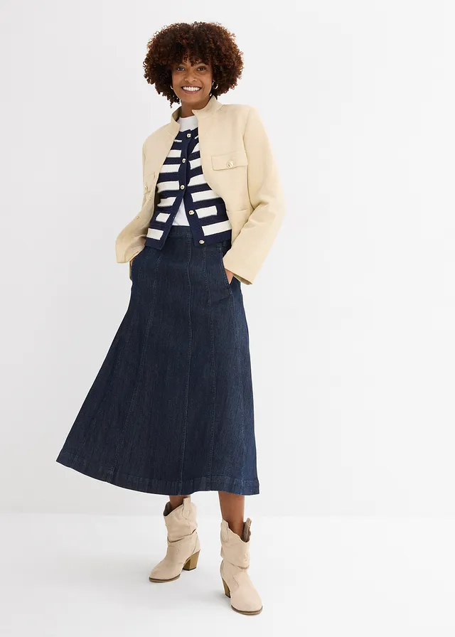 Jupe midi en jean, Couleur: bleu foncé denim brut