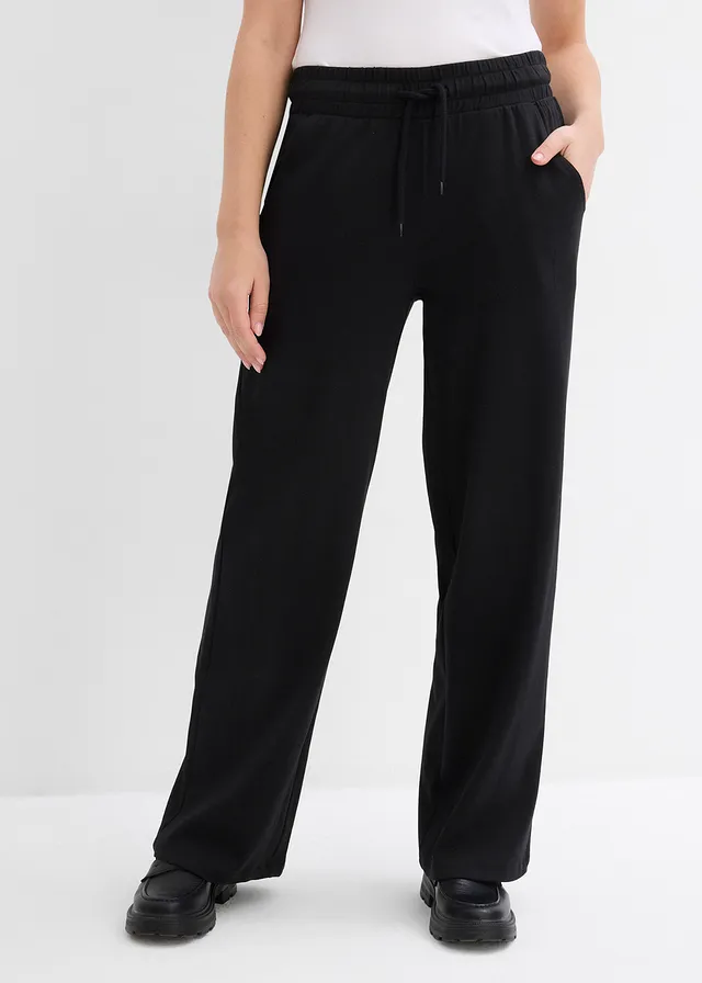 Wijde jersey broek van interlock, Kleur: zwart