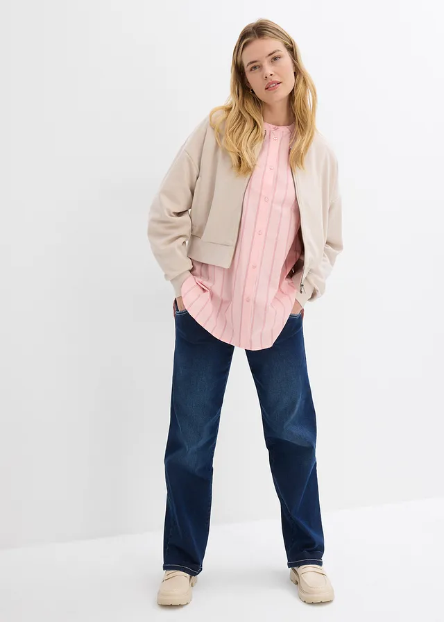 Bluză lungă din poplin roz-cuarţ/albastru palid dungat vertical