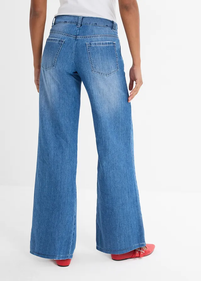 Wide Leg farmer, Mid Waist • világoskék denim, használt hatású • bonprix áruház
