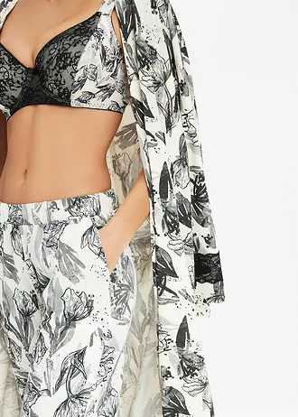 Široké pyžamové kalhoty s viskózou • béžová/černá  s květy • bonprix obchod