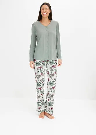 Pijama cu nasturi la bluză • gri-verde-bej melanj floral • magazin bonprix