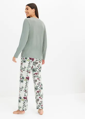 Pyjama met knopen, Kleur: grijsgroen-ecru gemêleerd gebloemd