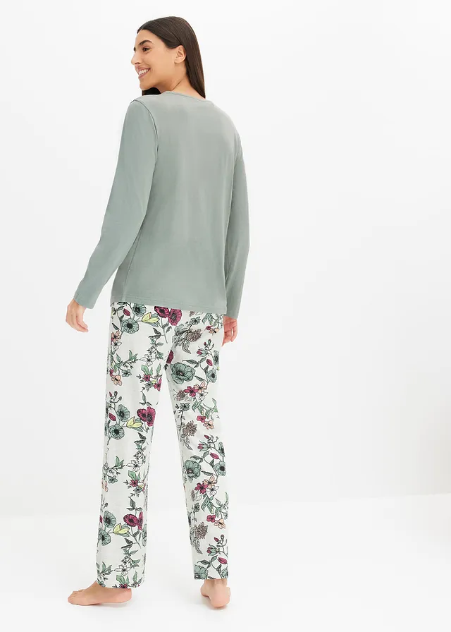 Pyjama avec patte de boutonnage, Couleur: gris vert/naturel chiné à fleurs