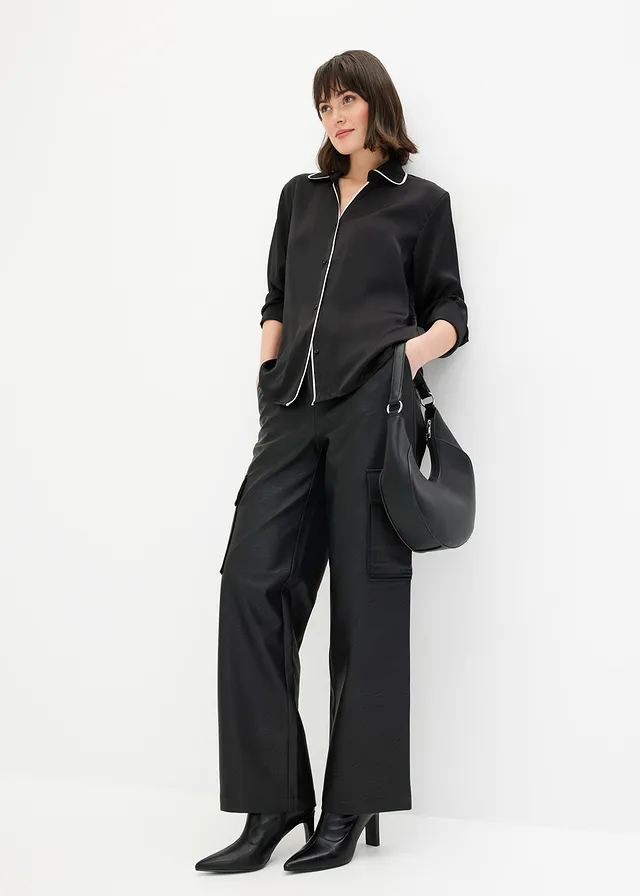 Blouse met contrastkleurige paspels zwart/wolwit