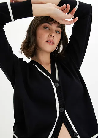 Cardigan met V-hals • zwart/wolwit • bonprix online shop
