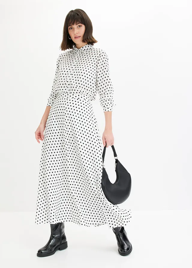 Blouse van fijne satijn, Kleur: gestipt wit-zwart