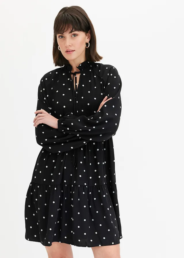 Robe-tunique avec lien à nouer, Couleur: noir pois blanc
