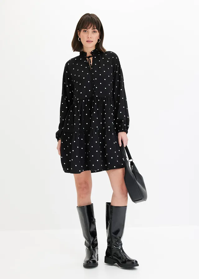 Robe-tunique avec lien à nouer, Couleur: noir pois blanc
