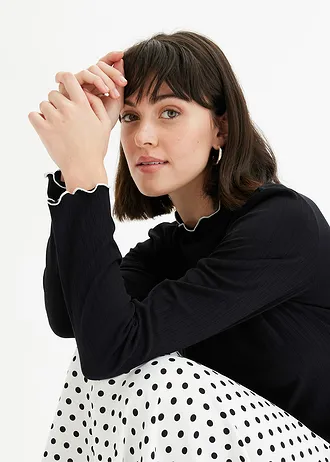 Prążkowana bluzka z długim rękawem • czarno-biel wełny • sklep bonprix