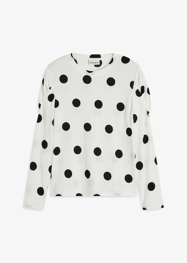 Longsleeve van gestructureerde crêpe • gestipt wit-zwart • bonprix online shop
