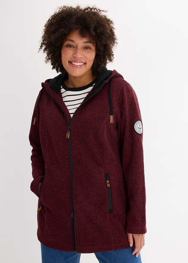 Veste en polaire tricoté à capuche, Couleur: bordeaux/noir chiné