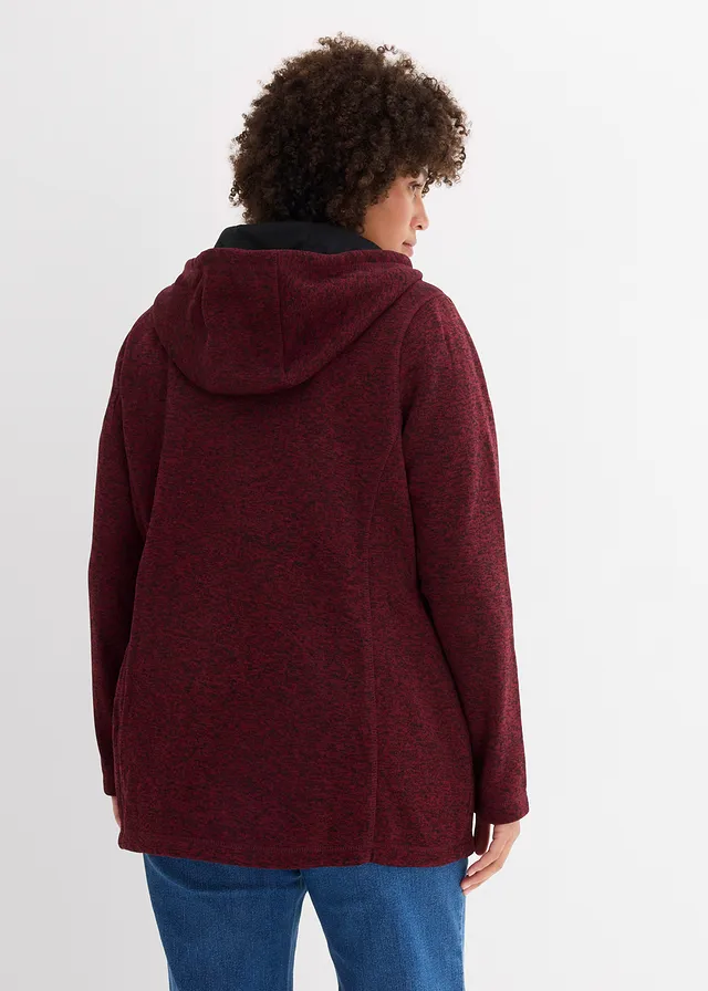Veste en polaire tricoté à capuche, Couleur: bordeaux/noir chiné