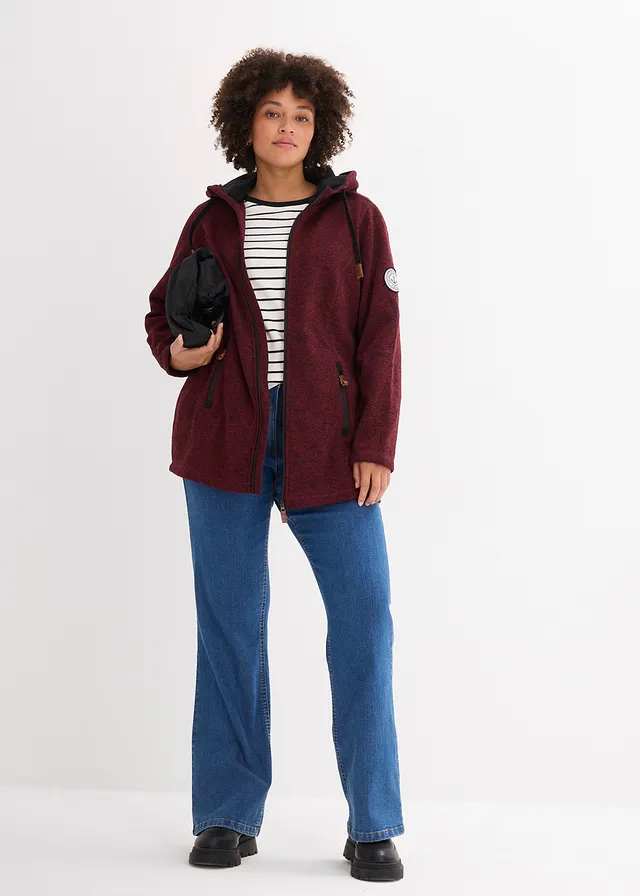 Veste en polaire tricoté à capuche, Couleur: bordeaux/noir chiné