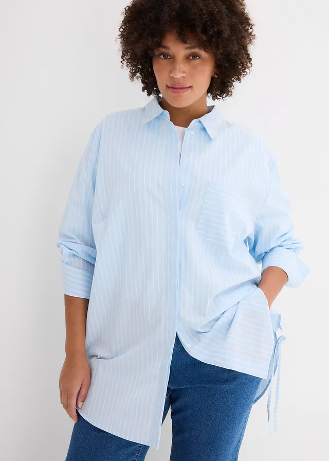 Chemisier oversize 100 % coton, Couleur: bleu glacé/blanc rayé