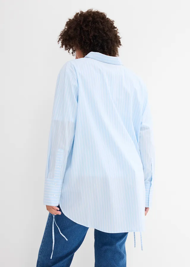 Chemisier oversize 100 % coton, Couleur: bleu glacé/blanc rayé