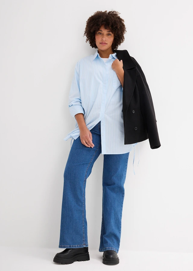 Chemisier oversize 100 % coton, Couleur: bleu glacé/blanc rayé
