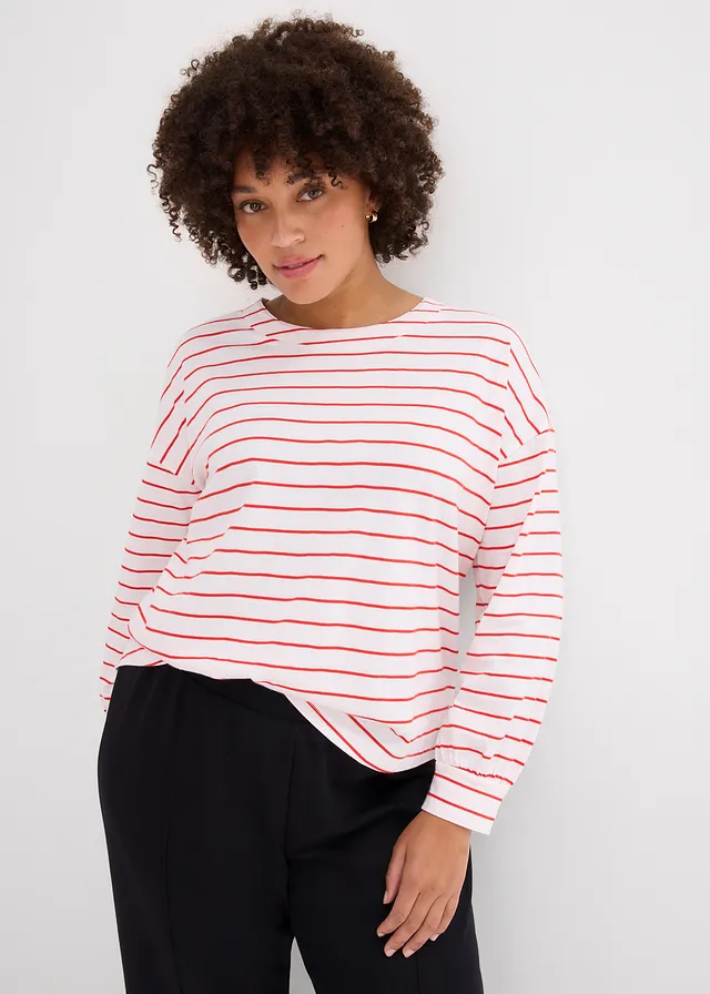 T-shirt manches longues 100% coton, Couleur: blanc/fraise rayé