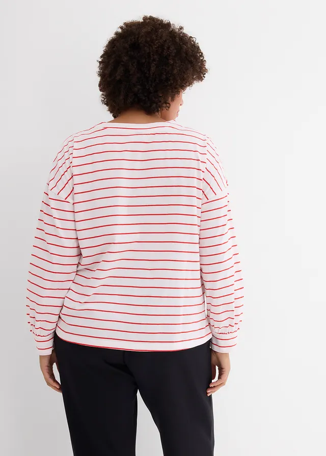 T-shirt manches longues 100% coton, Couleur: blanc/fraise rayé